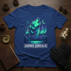 Aurora Borealis T-Shirt featuring a wolf howling under the northern lights with mountains and a lake graphic