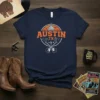 Austin TX T-Shirt design featuring the state capitol building, skyline silhouette, and crossed guitars, representing the Live Music Capital