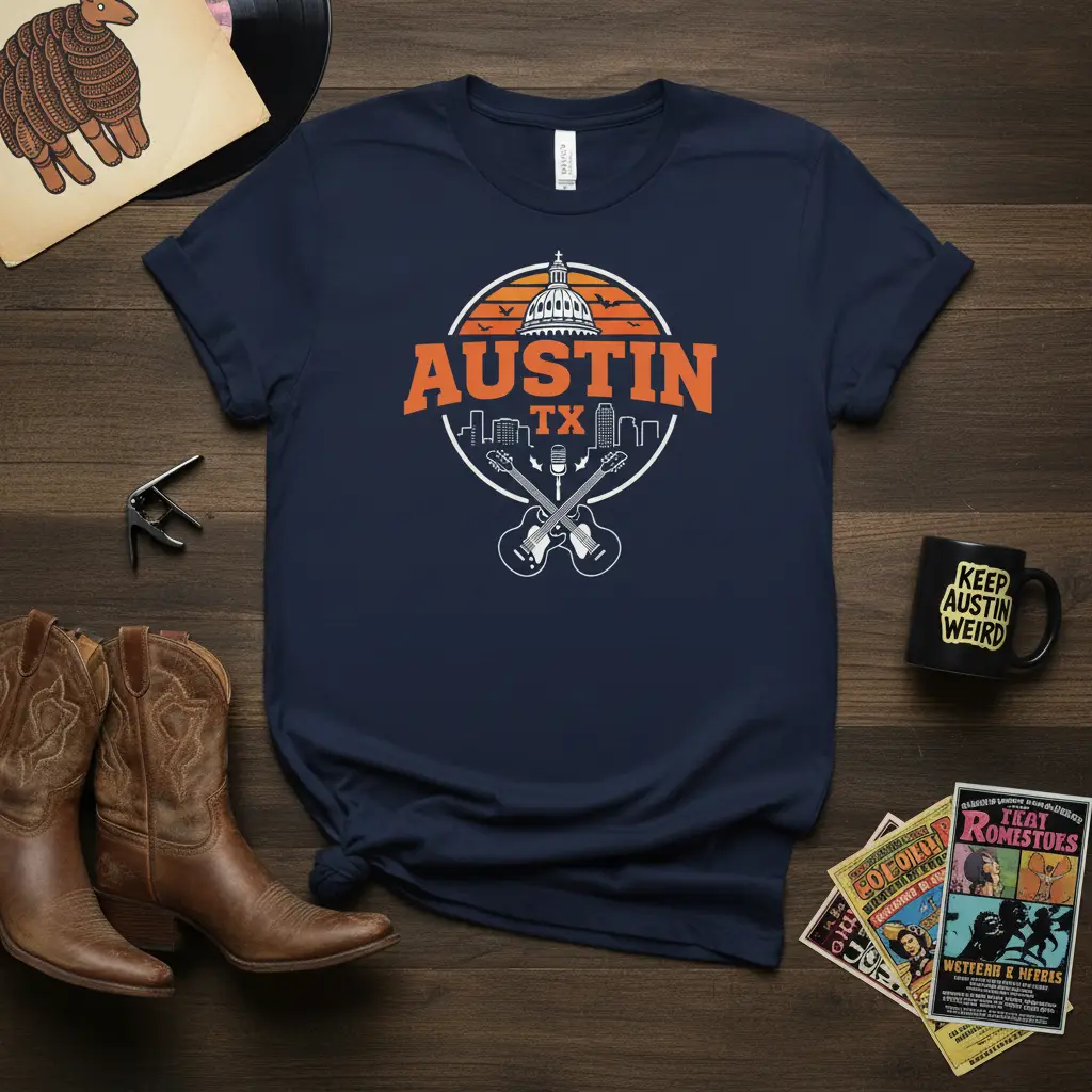 Austin TX T-Shirt featuring the Texas State Capitol, city skyline, and crossed guitars, symbolizing live music culture