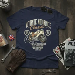 Authentic Motorcycle Classic design with vintage bike graphic, UK flag, and text "Live to Ride"