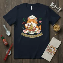 Authentic Noodle Enthusiast t-shirt with a cute cartoon cat wearing a chef hat eating ramen
