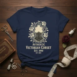 Authentic Victorian Corset Est. 1890 T-Shirt featuring a detailed corset graphic surrounded by roses and vines