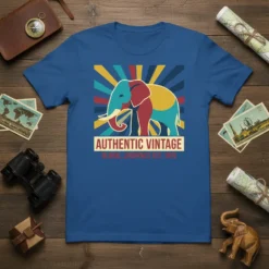 Authentic Vintage Global Journeys Est. 1970 t-shirt featuring a colorful elephant design and retro sunburst pattern