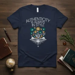 Authenticity Is Always In Style quote on a navy t-shirt with an open book graphic and blooming flowers