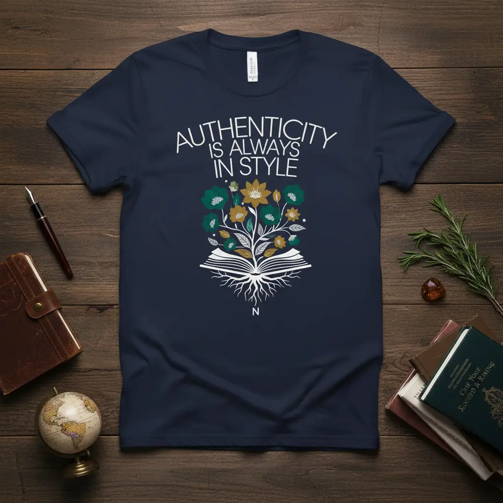 Authenticity Is Always In Style quote on navy tee with open book and floral roots graphic