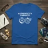 Authenticity Paradox t-shirt with white text and infinity symbol featuring theatre masks and a circular arrow design