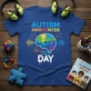 Autism Awareness Day t-shirt with colorful puzzle brain, sound waves, and infinity symbols