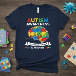 Autism Awareness Love Educate Support Advocate bold graphic design printed on comfortable cotton t-shirt