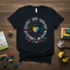 Autism Awareness T-Shirt with colorful puzzle heart and hands, featuring text Respect Love Support Inclusion Acceptance