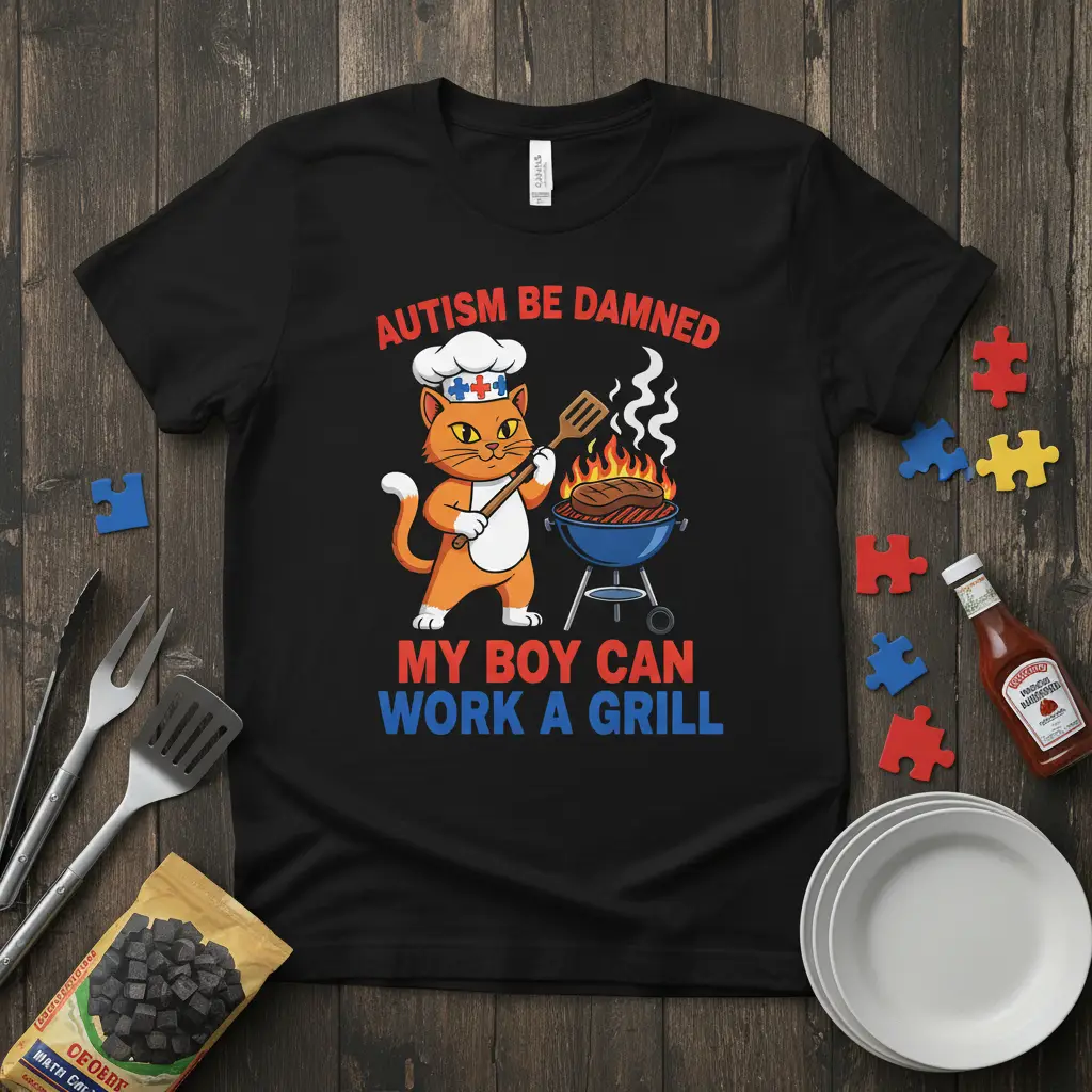 Orange cat chef grilling steaks with text AUTISM BE DAMNED MY BOY CAN WORK A GRILL on black tee