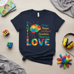 Navy t-shirt with colorful puzzle brain graphic and text AUTISM LOVE Always Unique Intelligent Sometimes Mysterious
