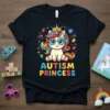 Autism Princess text with a cute unicorn wearing glasses and a crown, surrounded by puzzle pieces and stars on a
