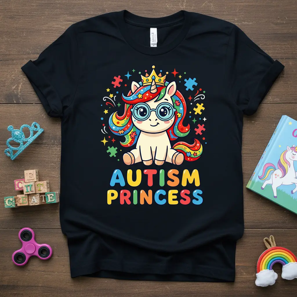 Autism Princess text design featuring a cute unicorn with glasses and a crown, surrounded by puzzle pieces and stars