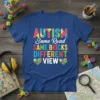 Autism Same Road Same Bricks Different View t-shirt with colorful puzzle pieces and hearts