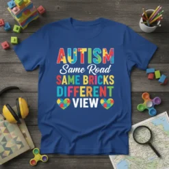Autism Same Road Same Bricks Different View t-shirt with colorful puzzle pieces and hearts