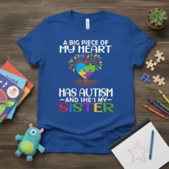 Blue t-shirt with white text "A Big Piece of My Heart Has Autism and She's My Sister" and a colorful