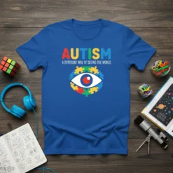 Blue t-shirt with "AUTISM A DIFFERENT WAY OF SEEING THE WORLD" text and a puzzle-piece eye graphic