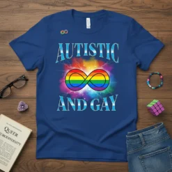 Autistic and Gay T-Shirt with rainbow infinity symbol and autism pin, showcasing pride and neurodiversity