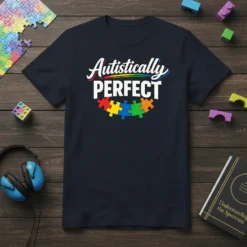 Autistically PERFECT text with colorful puzzle pieces graphic on a dark navy t-shirt, representing autism awareness and pride