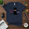 Black cat t-shirt design with text "Autisticat uses Identity first Language", rainbow collar, and autism infinity symbol