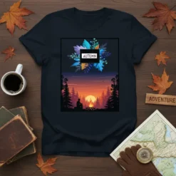 Autumn Campfire Sunset T-Shirt featuring a silhouette of a person by a campfire with a colorful sunset and pine trees