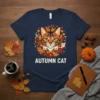 Autumn Cat T-Shirt with a graphic of a tabby cat face surrounded by fall leaves and flowers