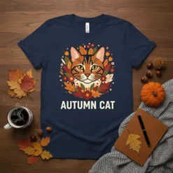 Autumn Cat T-Shirt with a graphic of a tabby cat face surrounded by fall leaves and flowers