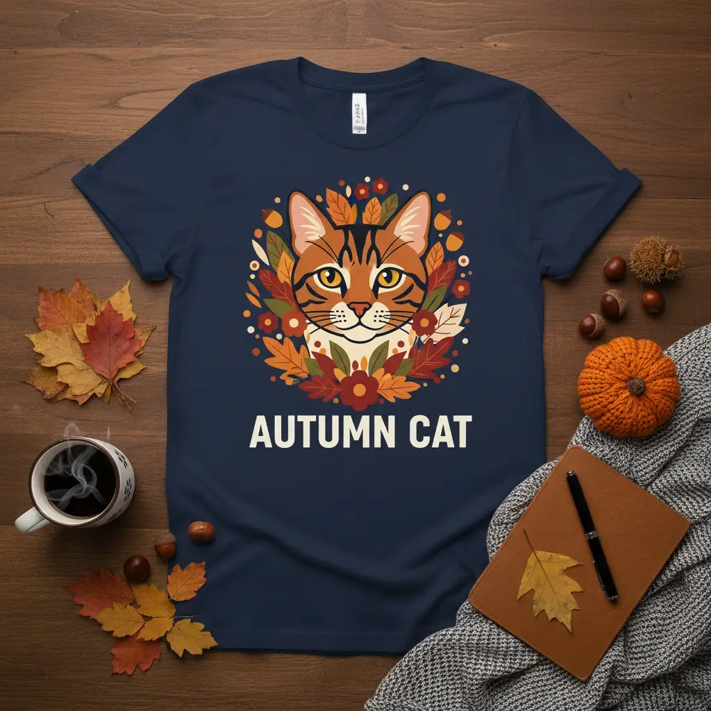 Autumn Cat graphic tee featuring a stylized tabby cat face with fall foliage elements