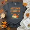 Autumn leaves PUMPKIN Please text with pumpkins and fall leaves graphic on a dark grey t-shirt