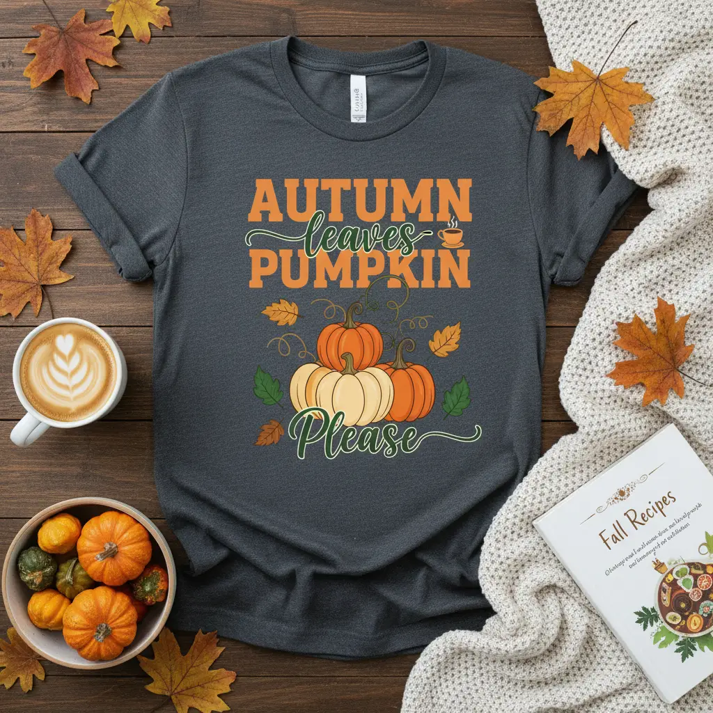 Autumn leaves PUMPKIN Please quote with pumpkins and fall leaves graphic on a dark grey t-shirt