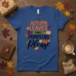 Autumn Leaves And Pumpkins Please text design with fall leaves and pumpkins graphic on a blue t-shirt