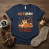 Autumn Vibes t-shirt design with a sleeping fox surrounded by fall leaves and text "AUTUMN VIBES"