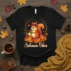 Autumn Vibes t-shirt design with a cute squirrel holding a lantern amidst fall leaves and trees