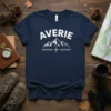 Navy t-shirt with "AVERIE" in white arch text above a mountain range graphic and compass rose