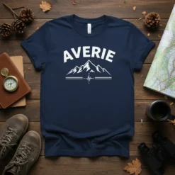 Navy t-shirt with "AVERIE" in white arch text above a mountain range graphic and compass rose