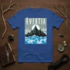 Avertia t-shirt design with a dark mountain range, bright sun, and blue ocean waves