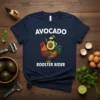 Avocado Rooster Rider t-shirt featuring a cartoon avocado riding a rooster, with text above and below