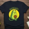 Avogato t-shirt with a cute cartoon avocado cat character and yellow circle background