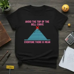T-shirt with pink text "AVOID THE TOP OF THE BELL CURVE" above a blue bell curve graphic with a red