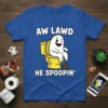 Funny "AW LAWD HE SPOOPIN'" ghost on toilet design with white text on a blue t-shirt