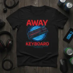 Black t-shirt with red text "AWAY KEYBOARD" and a glowing blue portal with a red-keybed keyboard inside