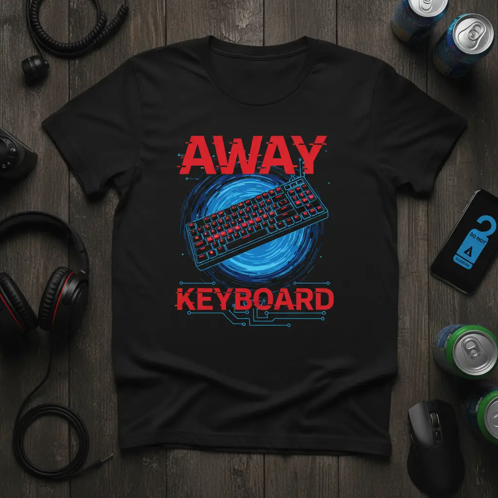 AWAY KEYBOARD text and keyboard graphic on a black t-shirt, representing gaming and tech culture