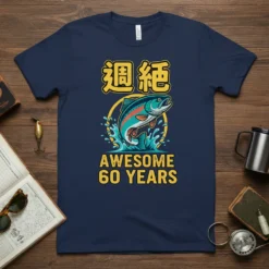 Awesome 60 Years fishing t-shirt with a jumping trout graphic and Japanese characters