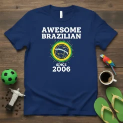 Navy blue t-shirt with "AWESOME BRAZILIAN SINCE 2006" text and the Brazilian national emblem graphic