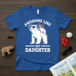 Awesome Like My Daughter t-shirt with polar bear dad and cub graphic, wearing sunglasses and bandana.|