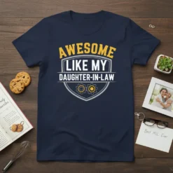 Awesome Like My Daughter-In-Law text on a navy blue t-shirt with shield and gear graphics