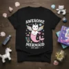 Awesome Mermaid Est. 2023 t-shirt design featuring a cat with unicorn horn, wings, and mermaid tail, surrounded by stars and