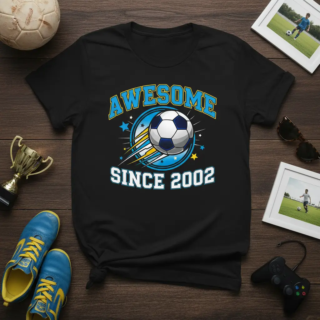 Awesome Since 2002 text and soccer ball graphic on a black t-shirt, perfect for a 2002 birthday celebration