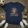 Awesome Since 2012 vintage soccer t-shirt with two players kicking a ball and retro text