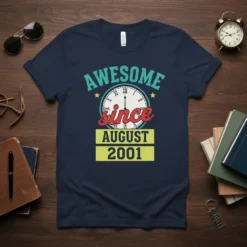 Awesome Since August 2001 t-shirt with retro clock design and birth year text